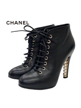 Chanel Boots Short Booties Lace Up Coco Mark Pearl Leather Black